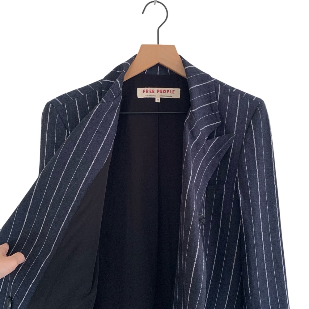 Free People Blue Pinstripe Linen Blend Double Breasted “Ashby” Blazer - Picture 8 of 11